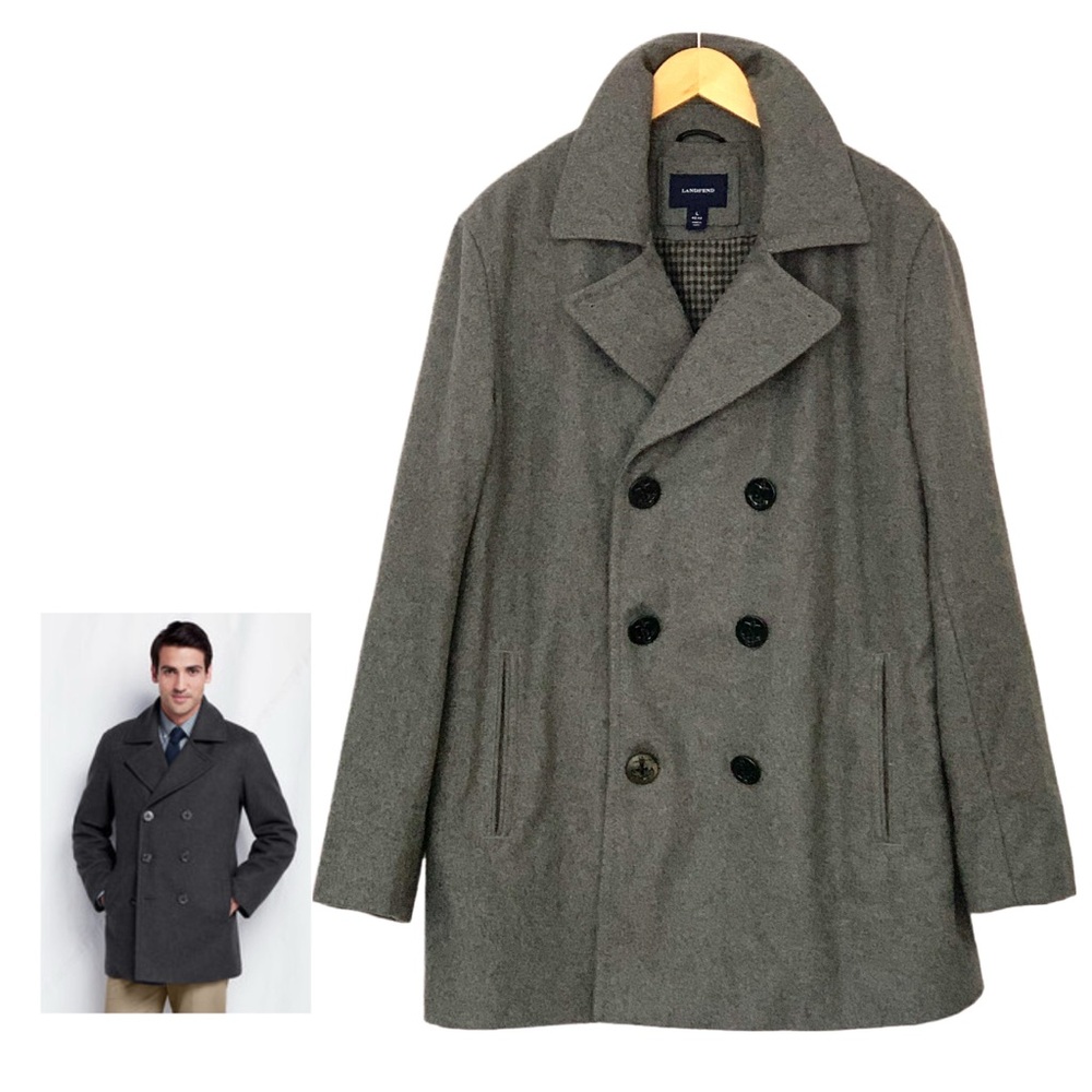 Land’s End Men’s Gray Wool Blend Pea Coat Top Coat Large